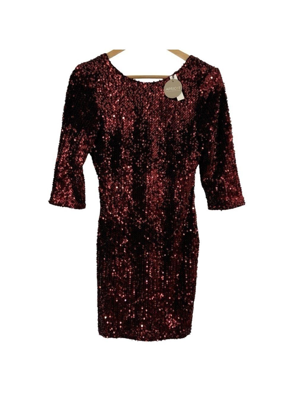 Apricot Sequin Bodycon Party Dress Sz S Red Burgundy Half Sleeve Cocktail NWT